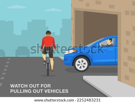 Safe bicycle riding tips and traffic regulation rules. Watch out for pulling out vehicles. Back view of a cyclist cycling on a priority road. Flat vector illustration template.