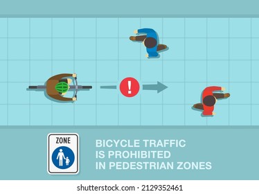 Safe bicycle riding and traffic regulation rules. Bicycle traffic is prohibited in pedestrian zones sign meaning. Top view of pedestrians and cyclist on a bicycle. Flat vector illustration template.