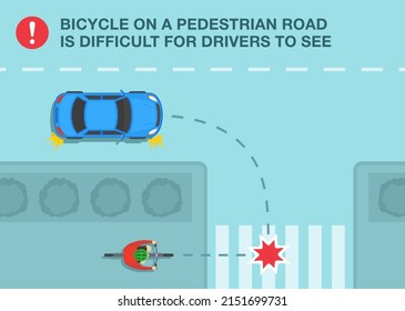 Safe bicycle riding and traffic regulation rules. Bicycle on a pedestrian road is difficult for to see. Dangerous right turn in front of hidden cyclist. Flat vector illustration template.