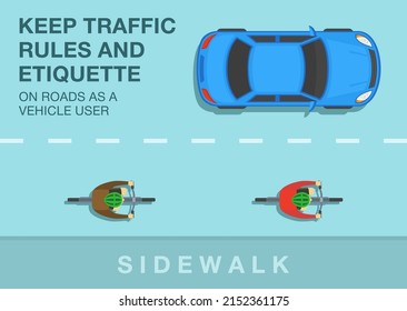 Safe bicycle riding and traffic regulation rules. Keep traffic rules and etiquette on roads as a vehicle user. City road traffic flow top view. Flat vector illustration template.