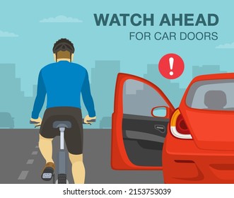 Safe bicycle riding and traffic regulation rules. Watch ahead for car doors. Avoid the door zone. Driver opens car door in front of cyclist. Flat vector illustration template.