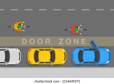 Safe bicycle riding and traffic regulation rules. Top view of a bicycles on a city road. Be careful, avoid the door zone. Flat vector illustration template.