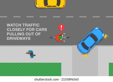 Safe bicycle riding and traffic regulation rules. Watch traffic closely for cars pulling out of driveways. Flat vector illustration template.