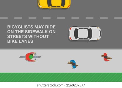 Safe bicycle riding and traffic regulation rules. Bicyclists may ride on the sidewalk on streets without bike lanes. Flat vector illustration template.