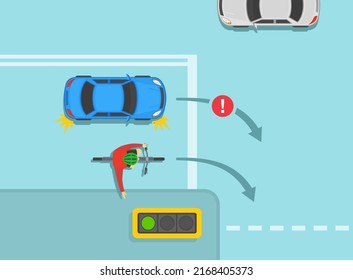 Safe bicycle riding and traffic regulation rules. Giving way to cyclist on crossroads when turning right. Flat vector illustration template.