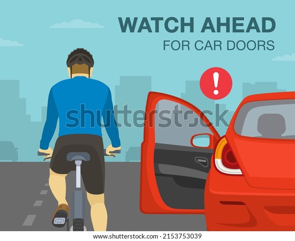 Safe bicycle\
riding and traffic regulation rules. Watch ahead for car doors.\
Avoid the door zone. Driver opens car door in front of cyclist.\
Flat vector illustration\
template.