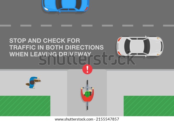 Safe bicycle\
riding and traffic regulation rules. Bicycle on a driveway. Stop\
and check for traffic in both directions when leaving driveway.\
Flat vector illustration\
template.