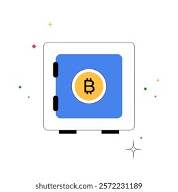 Safe With Bitcoin Logo In Flat Vector Illustration Symbolizing Cryptocurrency Security And Financial Savings, Isolated On White Background.