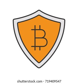 Safe bitcoin payments color icon. Protection shield with bitcoin sign. Isolated vector illustration