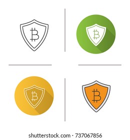 Safe bitcoin payments icon. Flat design, linear and color styles. Cryptocurrency. Protection shield with bitcoin sign. Isolated vector illustrations