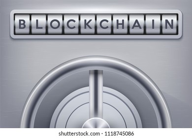 Safe with blockchain lock. Concept of high security blockchain and Cryptocurrency protection. Vector Illustration