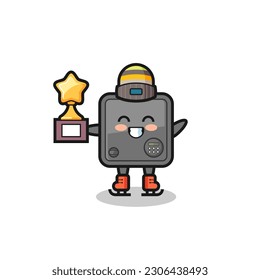 safe box cartoon as an ice skating player hold winner trophy , cute style design for t shirt, sticker, logo element