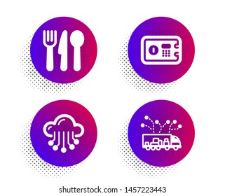Safe box, Cloud storage and Food icons simple set. Halftone dots button. Truck delivery sign. Deposit, Data service, Cutlery. Logistics. Business set. Classic flat safe box icon. Vector
