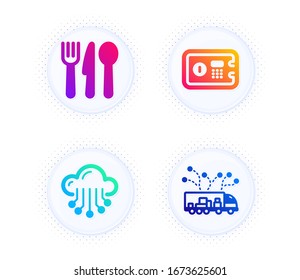 Safe box, Cloud storage and Food icons simple set. Button with halftone dots. Truck delivery sign. Deposit, Data service, Cutlery. Logistics. Business set. Gradient flat safe box icon. Vector