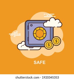 safe box with coins money on orange background flat concept design