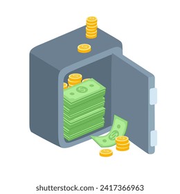Safe box with dollar banknotes and coins on white background