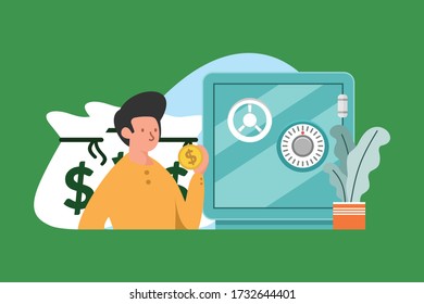 Vista frontal de caja segura. Caja de seguridad con dinero ahorra monedas en dólares y bolsas con dinero. Almacenamiento de depósitos, seguridad de caja fuerte ilustración vectorial plana. Concepto de protección de efectivo.