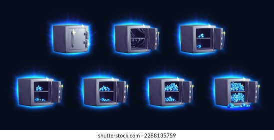 Safe box with gem vector icon illustration. Open vault locker game bank or store bundle. Isolated steel lock storage door with blue neon glowing and sparkling. Savings security system with strongbox.