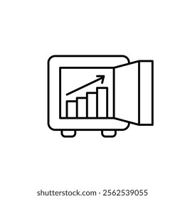 Safe box and growing chart with arrow up. Secure investment opportunities. Funds growth and successful placement. Pixel perfect vector icon