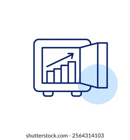 Safe box and growing chart with arrow up. Secure investment opportunities. Funds growth and successful placement. Pixel perfect, editable stroke icon