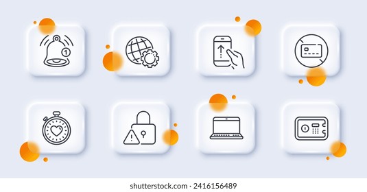Safe box, Heartbeat timer and Notebook line icons pack. 3d glass buttons with blurred circles. Reminder, Swipe up, Globe web icon. No card, Lock pictogram. For web app, printing. Vector