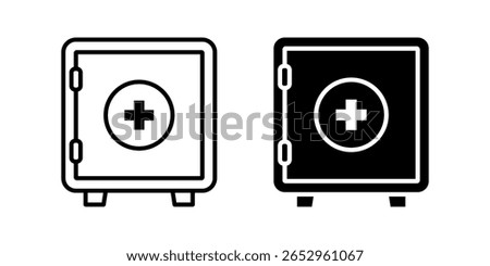 Safe Box icon set. Minimalist line art illustration of a first aid kit box or medicine cabinet with a cross symbol on the front. Two variations, one in black outline and one in solid black fill.