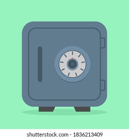 Safe box. Icon of vault of money in bank. Metal closed safe with lock for safety protection of deposit and wealth. Symbol of secure storage. Dial with password in front on steel door for trust. Vector