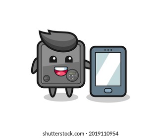 safe box illustration cartoon holding a smartphone , cute style design for t shirt, sticker, logo element