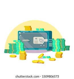 Safe box with money savings dollar coins banknotes. Cash protection concept. Flat concept. Vector illustration.