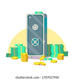 Safe box with money savings dollar coins banknotes. Cash protection concept. Flat concept. Vector illustration.