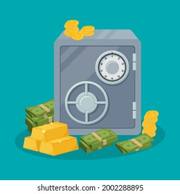 Safe box with money savings dollar coins banknotes. Cash protection concept. Gold bars icon. Vector illustration. Eps 10.