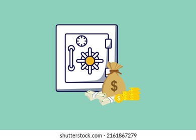 Safe box with money savings dollar coins banknotes. Cash protection concept. illustration in flat line art style.
