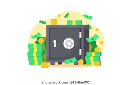 Safe box with money savings dollar coins banknotes. Cash protection concept. Flat. Vector illustration.