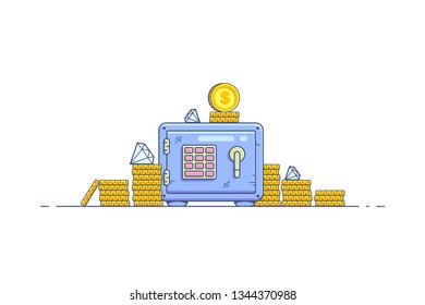Safe box with money savings isolated on white background. Stacks of coins and diamonds. Flat style line art illustration.