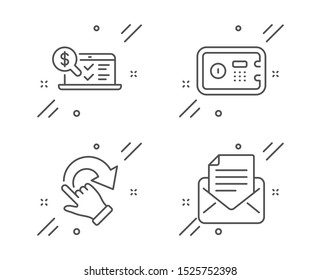 Safe box, Online accounting and Rotation gesture line icons set. Mail correspondence sign. Deposit, Web audit, Undo. E-mail newsletter. Technology set. Line safe box outline icon. Vector