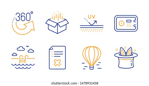 Safe box, Open box and Uv protection line icons set. 360 degrees, Air balloon and Swimming pool signs. Reject file, Hat-trick symbols. Deposit, Delivery package. Business set. Vector