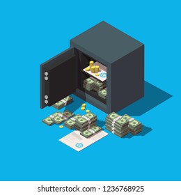 Safe box opened with money, coins and documents. Vector isometric icon.