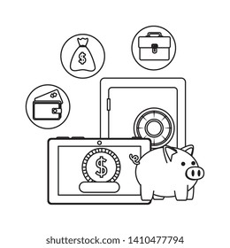 safe box with tablet and ecommerce icons