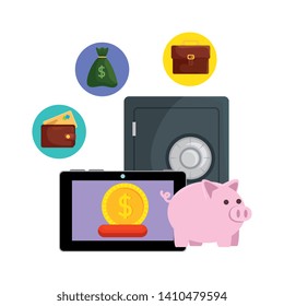 safe box with tablet and ecommerce icons