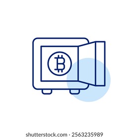 Safe box vault with bitcoin symbol. Security of digital wealth. Cryptocurrency investment. Pixel perfect, editable stroke icon