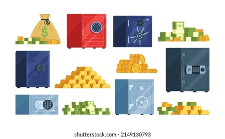 Safe boxes and money. Cartoon bank vault with banknotes, coins and gold bars, closed metal lockers with different types locks, deposit storage, various colors iron strongbox vector set