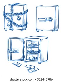 Safe boxes open and closed, locked with chains, open with money. Hand drawn vector illustration.