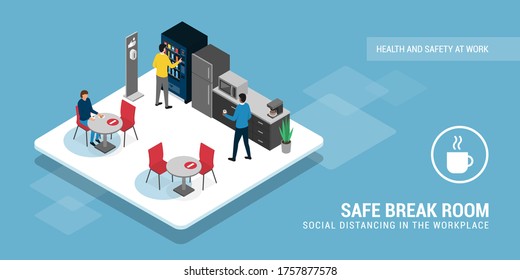 Safe break room and social distancing: business people having a coffee break in the cafeteria and keeping a safe distance