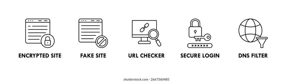 Safe Browsing banner web icon illustration concept with icon of encrypted site, fake site, URL checker, secure login, and DNS filter