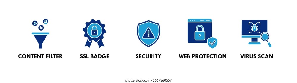 Concepto seguro de la ilustración del icono del Web del Anuncio de la navegación con el icono del Filtrar de contenido, la insignia de SSL, la seguridad, la protección del Web, y la exploración del virus