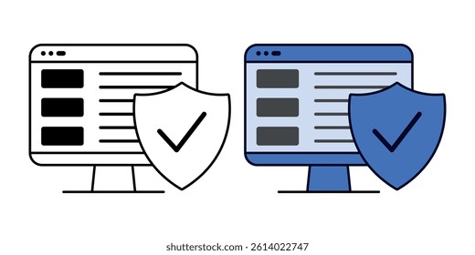 Safe browsing behavior icon showing a secure web interface with a shield and checkmark, in outline and color styles, symbolizing internet safety and secure navigation.