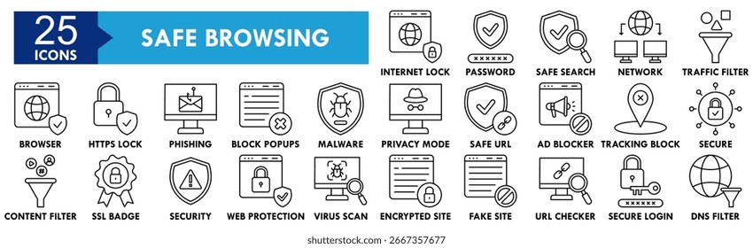 Conjunto de coleções de ícones de Navegação Segura. Contendo segurança de design, Internet, navegação, senha, privacidade, proteção