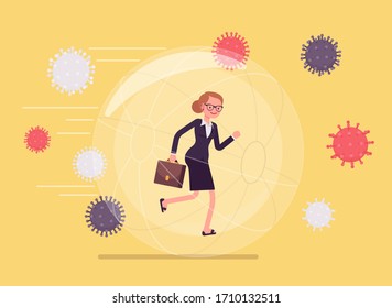 Safe bubble against virus, infection. Businesswoman, happy healthy girl well protected from being infected with contagious disease, self-isolated, out of risk. Vector flat style cartoon illustration