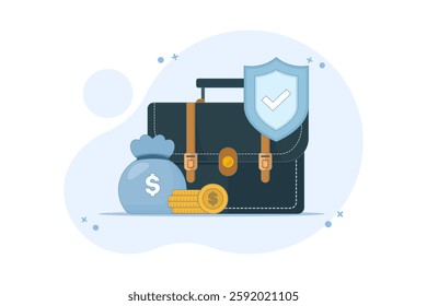 Safe Business Investment Concept. Briefcase with Shield and Coins. Income protection with shield. safe financial transactions. Flat Vector Illustration Design on background.