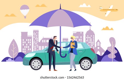 Safe car concept carrying comprehensive document with the vehicle owner and broker shaking hands under an umbrella which also covers the car in a city street, vector illustration